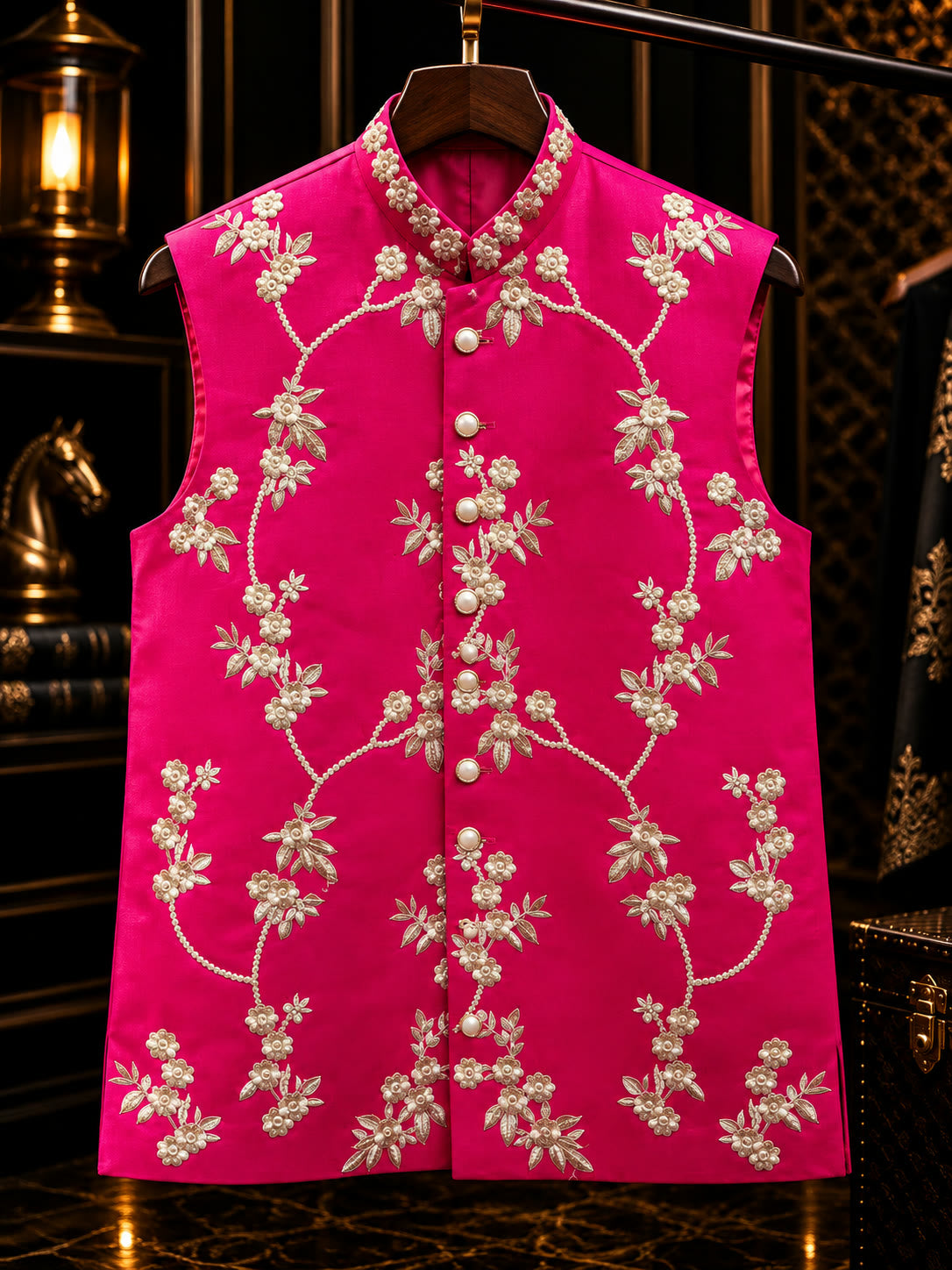 Rose pink waistcoat with ivory floral embroidery and mandarin collar