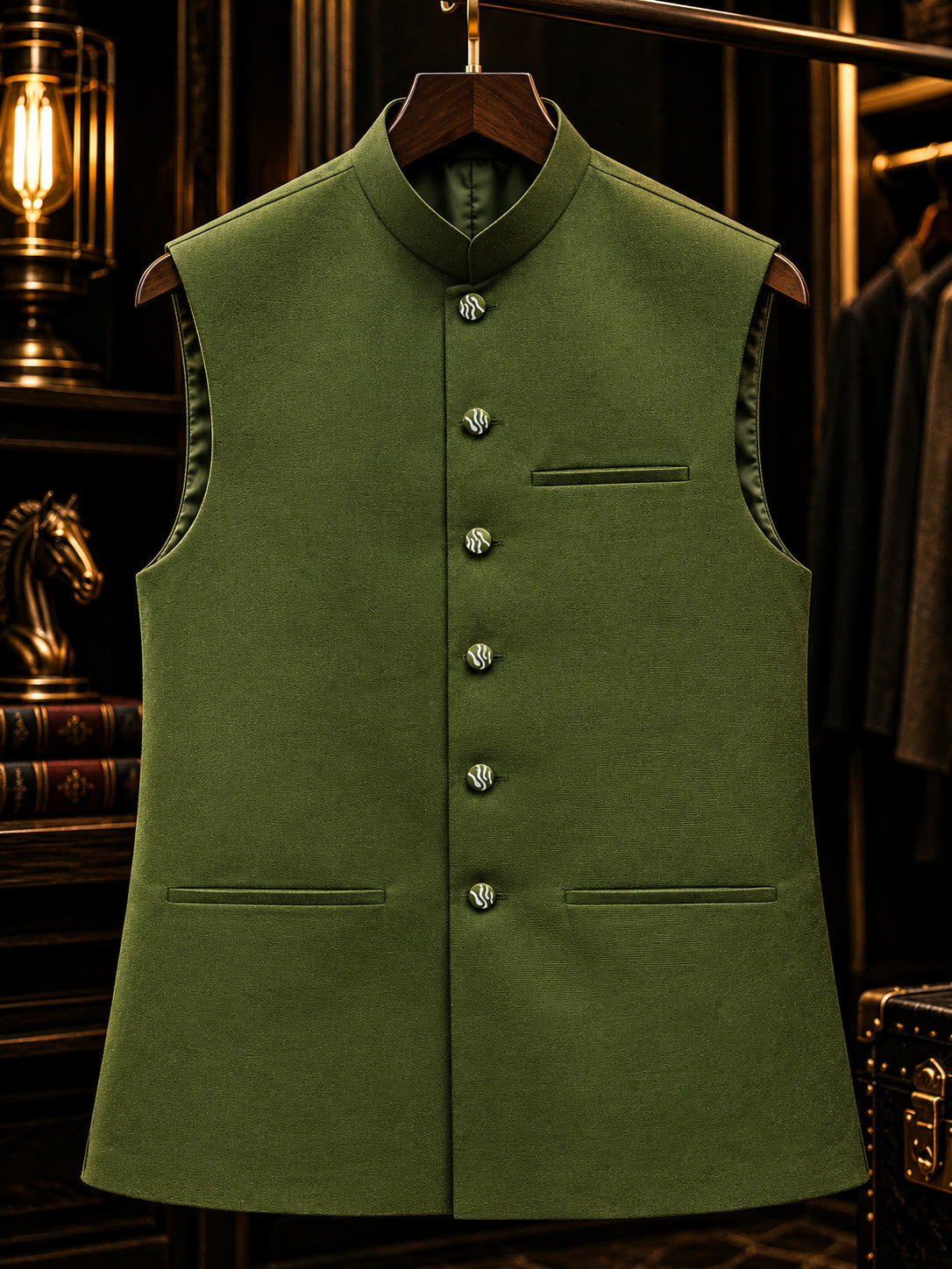 Olive green classic waistcoat with mandarin collar