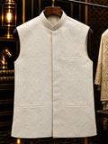 Ivory textured jacquard waistcoat with mandarin collar