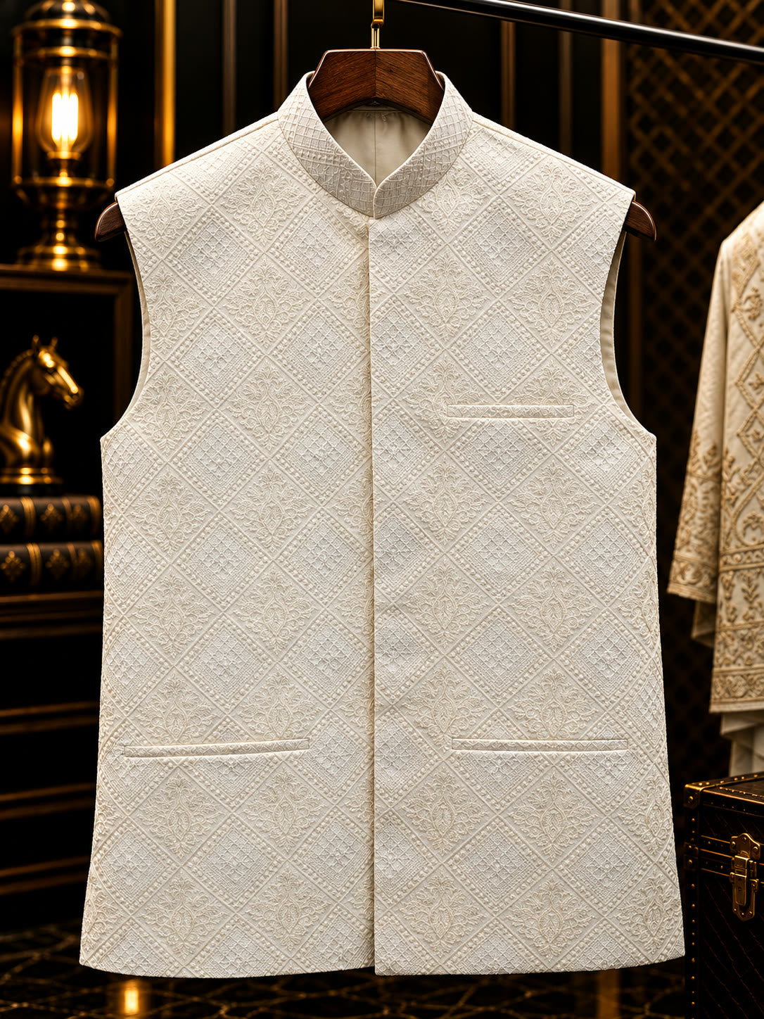Ivory textured jacquard waistcoat with mandarin collar