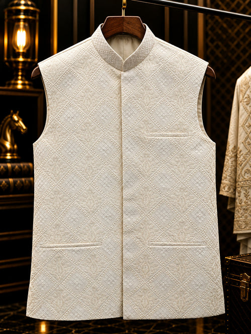 Ivory textured jacquard waistcoat with mandarin collar