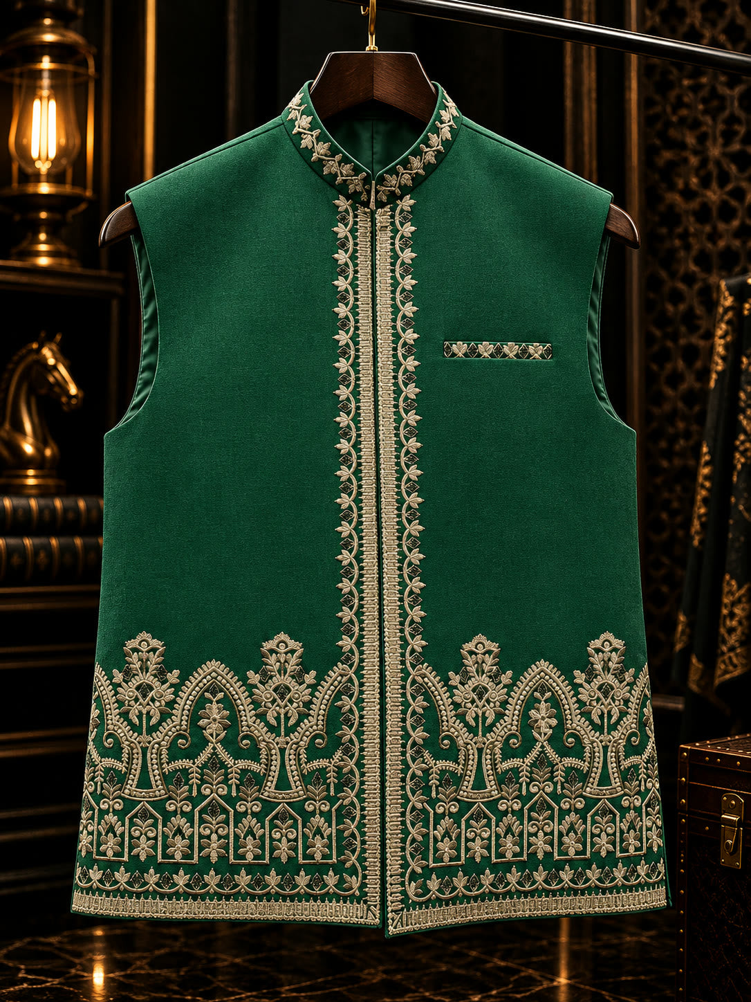 Emerald green waistcoat with ivory embroidered borders