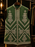 Green waistcoat with ivory geometric and floral embroidery