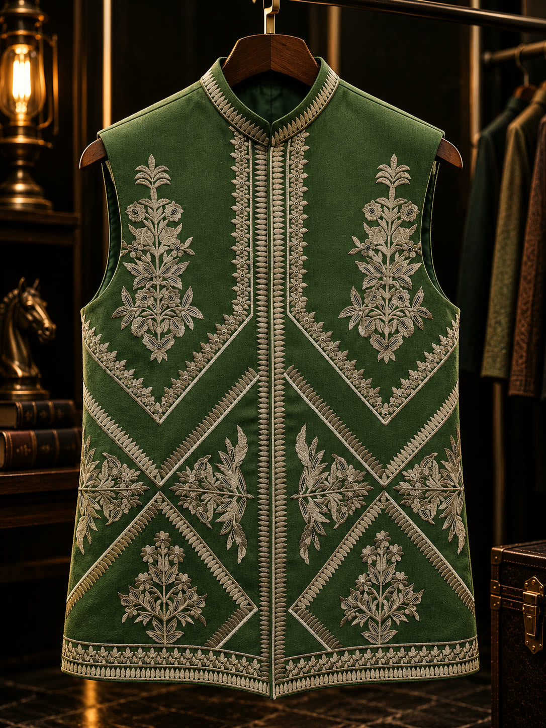 Green waistcoat with ivory geometric and floral embroidery